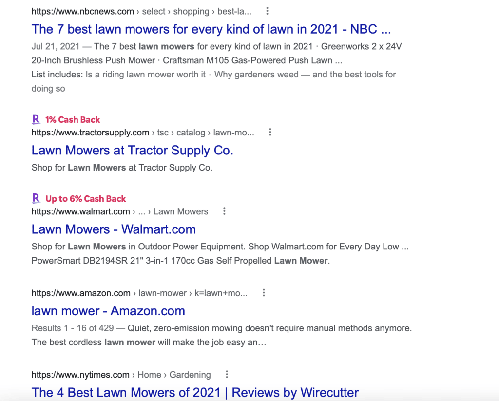 google results for lawn mowers keyphrase