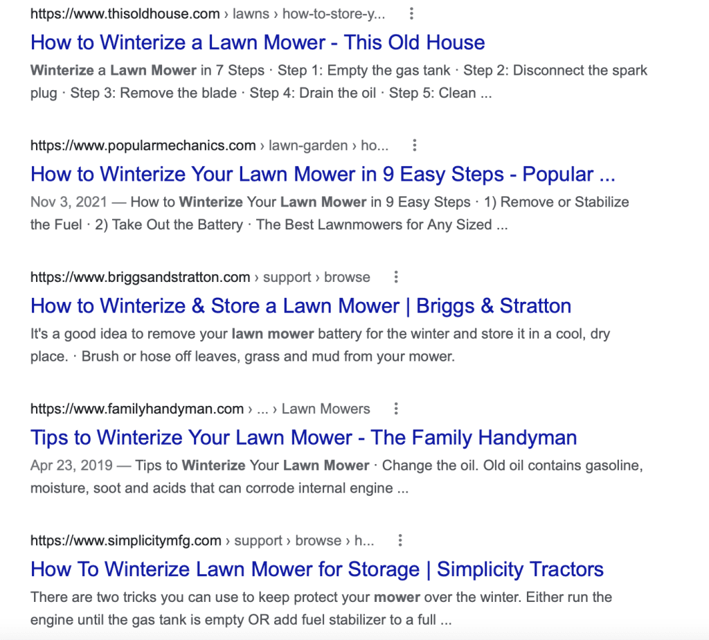google results for winterize lawn mower keyphrase